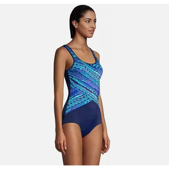 LANDS END Navy Blue Print Sz 10 Tugless Shelf Bra Soft Cup Lined 1 Pc Swimsuit - Picture 3 of 7